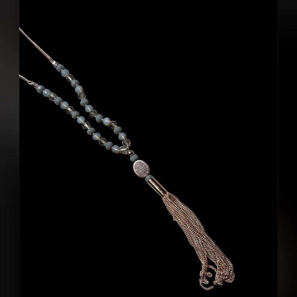 Rose gold and blue crystal beaded tassel necklace